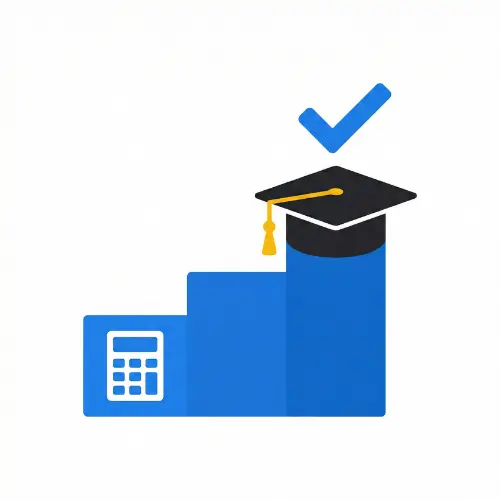 California High School Graduation Credit Calculator icon featuring blue progress steps, a graduation cap, and a checkmark symbolizing A-G requirement completion.