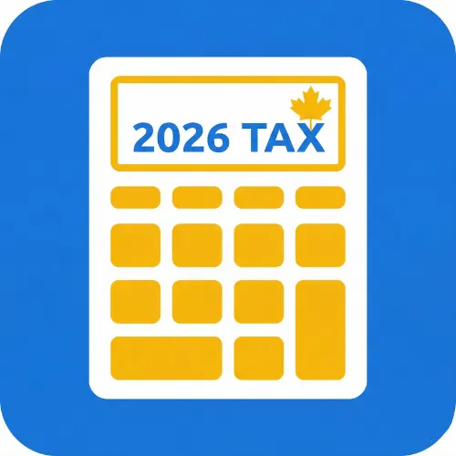 Minimalist icon for 2026 Canada Federal Income Tax Calculator in blue and gold vector style.