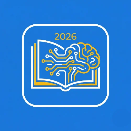 Minimalist vector icon showing AI circuit transforming into a human brain over a book for 2026.