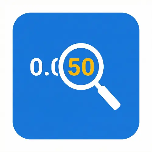 Significant Figures Calculator app icon featuring a magnifying glass highlighting significant digits (50) in blue and gold vector style.