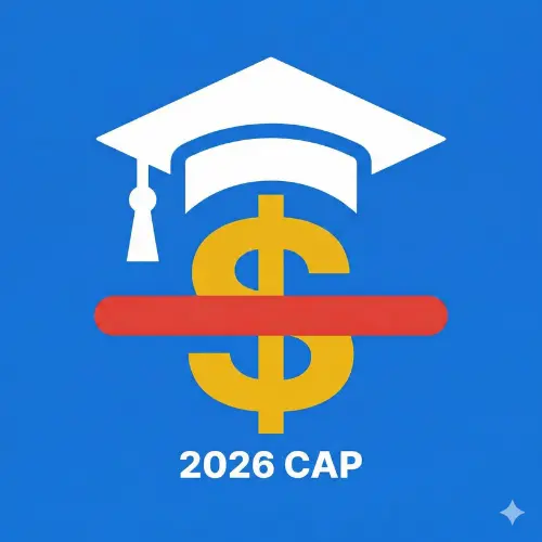 Graduation cap with a dollar limit sign representing the 2026 student loan borrowing cap.
