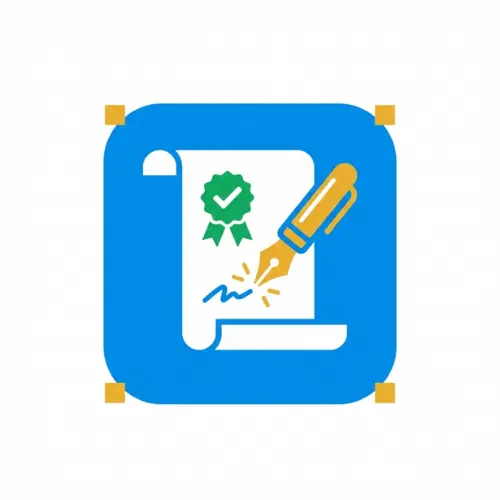 Thesis Statement Generator app icon featuring a document and pen, designed in minimalist blue and gold style.
